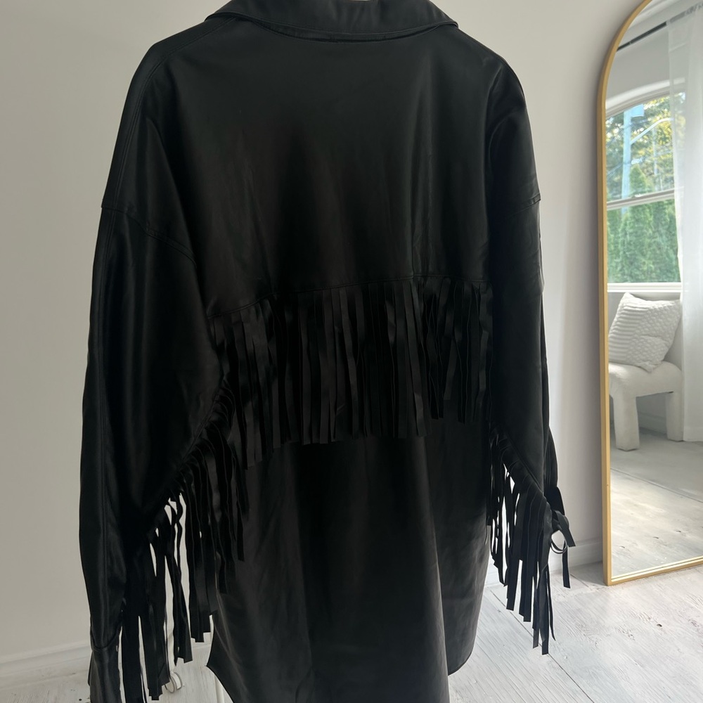 Women's Black Fringe Faux Leather Jacket - Picture 5 of 9
